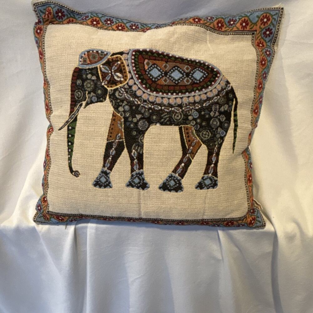 Bohemian Embroidered Elephant Animal Print Decorative Pillow Multicolor Beige